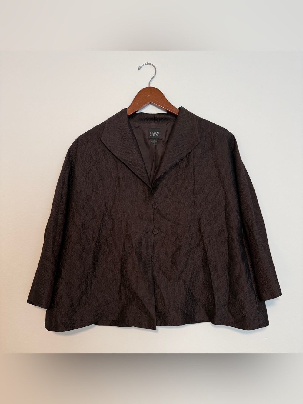 Eileen Fisher 100% Silk Textured Blazer Jacket Black Brown Collar Career Classic